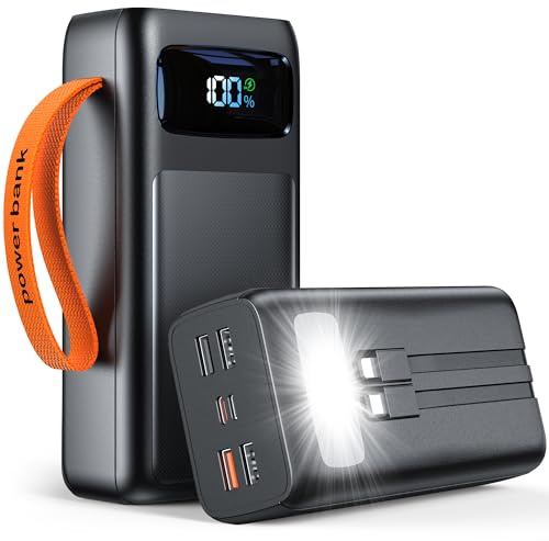 50000mAh Power Bank with Cable: PD30W con Cavi Integrati,Batteria Esterna ad Alta Capacità, Ricarica Rapida USB‑C 7 Uscite, Torcia LED e Display Digitale, Compatible with iPhone, Tablet, iPad