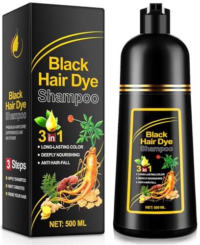 Black Hair Dye Shampoo 3 in 1, Permanent Color Treatment With Natural Herbal Ingredients Hair Color Shampoo for Gray Hair Coverage,Natural Dye Semi Permanent Color for Women and Men, 500ML (Black)
