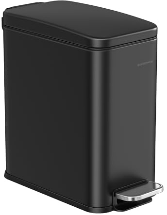 SONGMICS Kosmetikeimer, 5 Liter, Mülleimer Bad, mit Deckel, Tretmülleimer, Abfalleimer klein, schmal für kleine Räume, Stahl, Softclose, schwarz LTB560B05V1