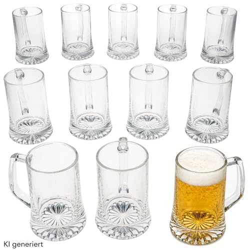 MamboCat Akki - Set di 12 boccali da birra da 0,2 l, altezza 12,2 cm, per 12 persone, in vetro con fondo a stella e manico, bicchieri da birra trasparenti da 200 ml, per feste