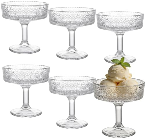 Glas-set 6 stycken 200 ml, dessertglas med blomprägning och skaft, mångsidiga kortskaftsglas för cocktail, champagne, glassbägare, fruktsallad och pudding – ädla cocktailglas för fest och hem