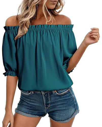 Générique Blouse Stretch à épaules dénudées pour Femme avec Encolure et Manches Bouffantes à Volants Poignets à Volants Coupe Ample et Fluide Couleur Unie