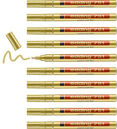 edding 751 Lackmarker - gold - 10 Lackmarker - Rundspitze 1-2 mm - Lackstift für Glas, Stein, Holz, Kunststoff und Papier - wasserfest, stark deckend