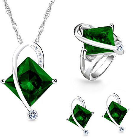 Uloveido Charm regnbåge skapad topaz mystisk stor fyrkantig kristallhalsband matchande örhängen ringar vitguldpläterade bröllopssmycken set (flerfärgad, röd, grön, blå, lila) T295, Glas, Kubisk zirkonia