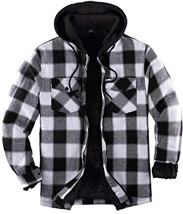 Men's Sherpa Lined Full Zip Hooded Plaid Flannel Shirt Jacket Black/Grey M