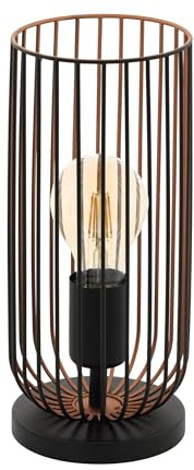 EGLO Tischlampe Roccamena, 1 flammige Vintage Tischleuchte, Nachttlischlampe Industrial aus Metall in Schwarz und Kupfer, E27 Fassung