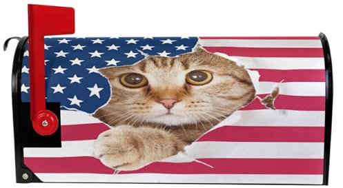 Wamika Cute Kitty Cat USA Flag Mailbox Cover - Magnetic, Large Size 18 X 21