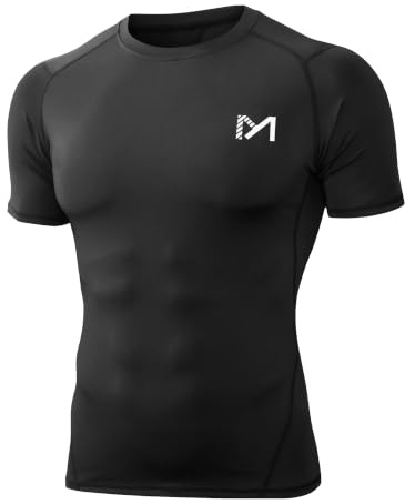 MEETYOO Kompressionsbaslager för män, topp lång/kortärmad t-shirt sportutrustning fitness tights för löpning gym träning, Svart-kort, M