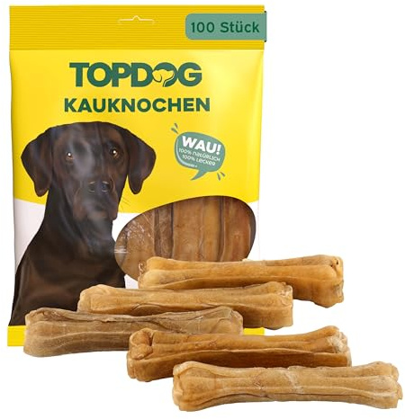 Topdog Kauknochen Hund 100 Stück 12 cm - Rinderhautknochen für Hunde aus 100% Rind - Hundekauknochen - Pflegt die Zähne und unterstützt den natürlichen Kautrieb Ihres Hundes