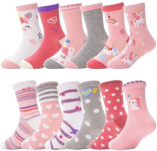 ANTSANG Baby Girls Toddlers Grips Socks Kids Non Slip/Anti Skid Unicorn Striped Crew Cotton Gift Socks 12 Pairs (Girl's-Unicorn Pink(12 Pairs),5-8 Y)