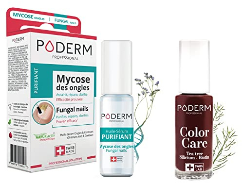 PODERM - 2 PRODOTTI - MICOSI DELLE UNGHIE TRATTAMENTO 2 in 1 | Smalto colorato Rosso dark TEA TREE | BIO | Trattamento professionale mani/piedi | Facile e rapido | Swiss Made