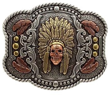 Nocona Men's Western Buckle with Feathered Headdress Motif, Copper Skull and Feathers, Rope Edge (3-3/4 x 3-1/4)
