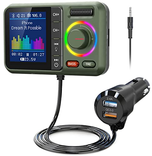 Nulaxy Trasmettitore FM Bluetooth per Auto, BT5.0 con Grande Schermo a Colori, Supporto Chiamate in Vivavoce, Siri&Google, Lettore Musicale MP3 BASS&TRE Booster, Scheda TF/AUX-KM28 Verde