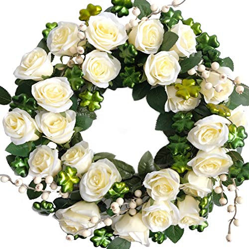 CIR OASES 18-inch Summer wreath Artificial white rose berries Green four-leaf clover wreath Summer Front Door Patio Window Decoration Wedding Party Holiday birthday decoration