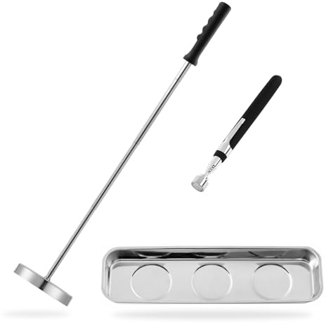 Rechabite 3PCS Magnetic Sweeper Telescoping Pick-up Tool, 35LB Screws Parts Finder, 3.5LB Magnet Stick, Rectangle Magnet Tray, For Pickup Nails, Metal Retrieving, Mechanic's Set
