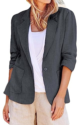 Linne blazer dam sommar: kort kavaj dam elegant långärmad casual kavaj arbete kontor knapp öppen front jacka kostym bomull linne jacka fast revers kavaj knapp kostym cropped blazer, linne blazer