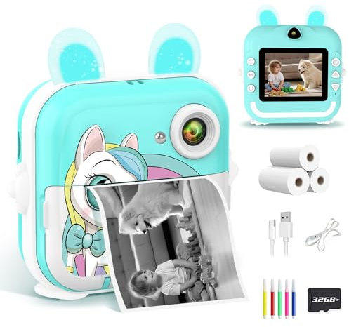 Macchina Fotografica Bambini Istantanea, 2,4 Pollici 1080P Digitale Fotocamera Bambini con Carta Fotografica Stampa e 32GB Schedaper Giocattolo Regalo di Natale Bambino e Bambina 4-12 Anni