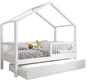 TIMBEE MURLO - Duo Holzbett - in Hausform mit Gitter, Sprossen und Schublade - Skandinavischer Stil - Massive Konstruktion aus Naturholz - Option mit Schlaffunktion - Weiß - 80x160cm