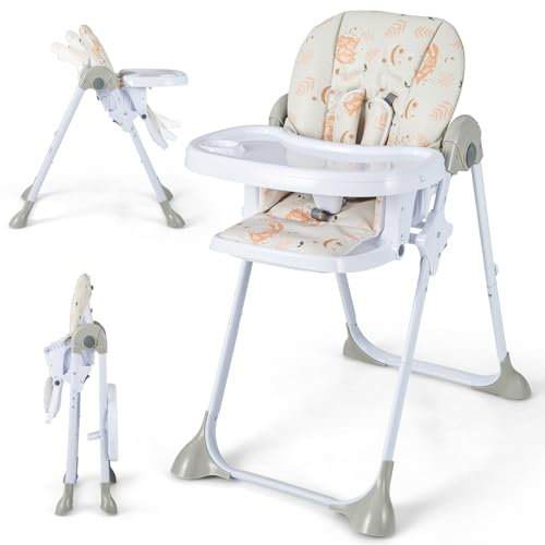 GOPLUS Trona para Bebé, Trona Plegable Ajustable con Bandeja Extraíble, Respaldo Ergonómico, Arnés de 5 Puntos y Ruedas, Silla para Comer para 6-36 Meses, Capacidad 9KG (Beige)