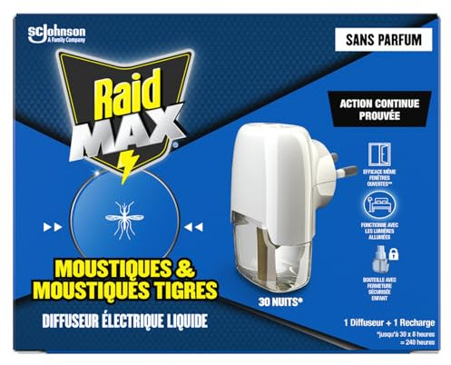 Raid Max Diffuseur Électrique Liquide - Anti-Moustiques et Moustiques Tigres 30 Nuits - Protection Continue & Nuits Sereines - Sans Parfum - 1 Diffuseur + 1 Recharge