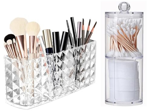 Makeup Brush Holde, 1 PCS 3 Slots Clear Acrylic Makeup Brush Holder, with 1 PCS Lids Cotton Pads Holder Cotton Swab Organiser for Eyeliners, Lipstick, Mascara and more Make-Up Storage
