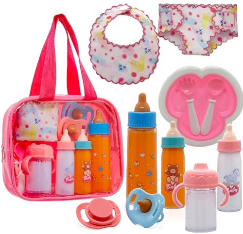 Baby Doll Accessories Magic Bottle Set - 11 Pieces Doll Feeding Pretend Playset with Disappearing Milk & Juice Bottles, Pacifiers Bowl Diaper and Bib Doll Bottle Toys set Gift for Kids Girls Ages 3+