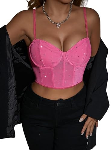 Sukiglam Camiseta Sin Mangas Mujer Encaje Corset Verano Crop Tops Lentejuelas Brillantes Corsé Bustier Sexy Ajustado Lencero Glitter Corset Tops Camisetas Tirantes De Fiesta Rave Outfit