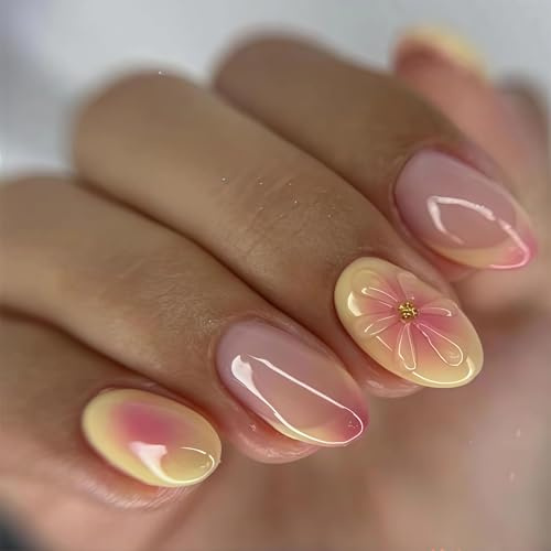 Shimmerz 24 Pièces Ongles Pressés Français Pointe, Faux Ongles Ovales, Faux Ongles 5D Fleur avec Design, Pointes d'Ongles Jaunes, Ongles Roses Press