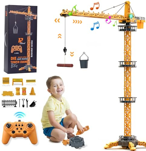 JONRRYIN Ferngesteuerte Turmkran, 12 Kanäle 2,4 Hz RC Turmdrehkran, 680 Grad Rotation Ferngesteuerte Tower Crane mit Lichter Geräusche und Verkehrsschilder Set für Kinder (Gelb1)