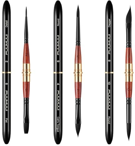Fuumuui 3PCS Double-Ended Travel Sable Watercolour Paint Brushes with Pocket Size Leather Pouch Perfect for Watercolor Gouache Ink Painting
