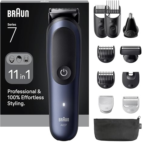 Braun Serie 7 Kit multifuncional para el cuidado corporal, 11 en 1, ProBlade y AutoSense, 120 min, SkinGuard y Sombra de Barba, AquaGrip para Uso Submarino, AIO7540, Azul