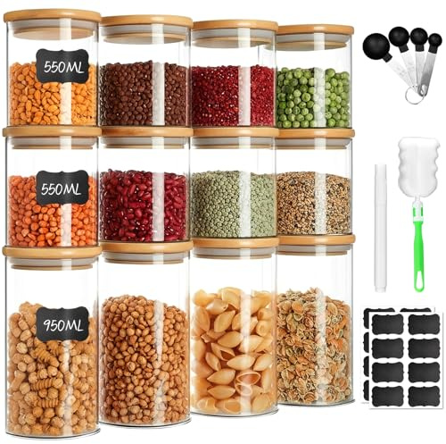 BJNN Glass Jars with Bamboo Lids Set of 12,Glass Storage Containers with Airtight Lids Storage Jars Food Storage Containers for Pasta,Flour,Cereal,Sugar,Cookie