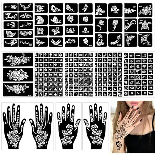 Kuvarix Plantillas de henna, 247 plantillas temporales de tatuaje de henna, 14 hojas, juego de tatuajes de henna para manos, brazos, pies, adecuadas para el aderezo diario, fiestas, Halloween y