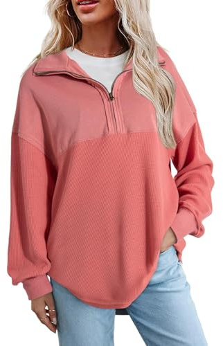 Chicrise Sudaderas Mujer Sin Capucha Media Cremallera Sweatshirt Oversize Cuello Alto Larga Suéter Waffle Casual Rojo Ladrillo 2X-Grande 50-54 2XL