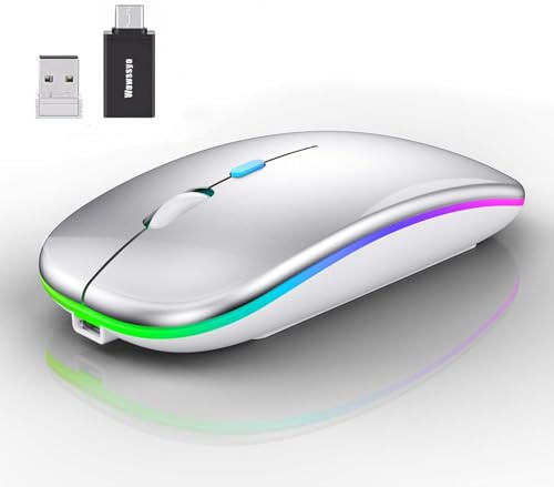 Wowssyo Ratón inalámbrico, 2,4 GHz USB inalámbrico, ratón Bluetooth, 1600 DPI Optical Tracking, LED recargable modo dual para ordenador portátil, PC, iOS, Android, iPad, Windows, color plateado