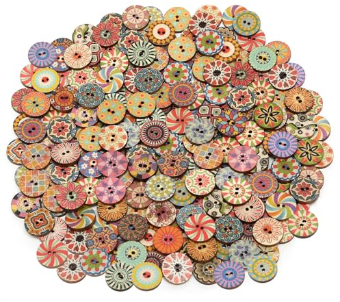 200 Pcs Wooden Buttons, Mixed Assorted Colorful Vintage Round Crafting Button 15mm with 2 Holes, Buttons for Crafting, Sewing, Cardigans, Clothes, Decoration, DIY