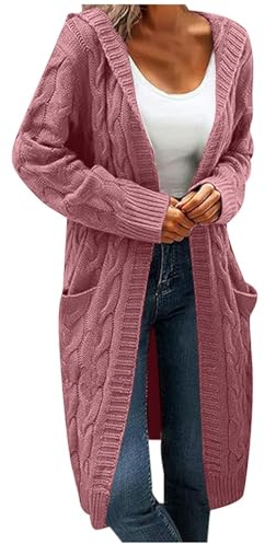 Foweknow Cardigan Women's Long Chunky Knitted Jacket Autumn Winter Thick Sweater Chunky Knit Knitted Cardigan Open Knitted Coat Soft Plain Long Knitted Jacket Transition Jacket with Pockets, pink, XXL