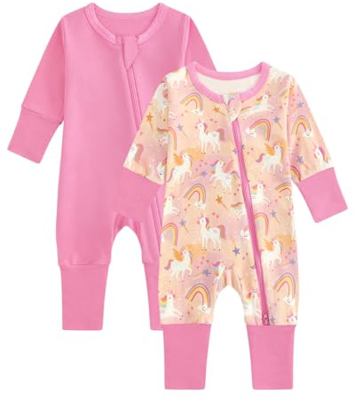 JiAmy 2 Pack Baby Sleepsuits Baby Grows Cotton Two-Way Zip Long Sleeve Footed Pajamas with Mitten Cuffs Newborn Clothes for Boys Girls 0-24 Months