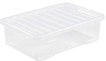 JMS 32L Litre Under Bed Crystal Clear Plastic Storage Boxes With Lids Storage Containers Stackable Containers For Shoes Toys Garage Office Home & Kitchen Made in UK (Single Container)