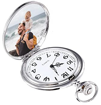 Zhaolian888 Orologio da Tasca Personalizzato con Foto e Incisione Orologio da taschino da uomo in acciaio inossidabile con catene e confezione regalo per il giorno di padri
