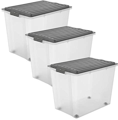 Rotho Compact 3er-Set Aufbewahrungsbox 70l mit Deckel und Rollen, Kunststoff (PP) BPA-frei, anthrazit/transparent, 3 x 70l (57.0 x 39.5 x 43.5 cm)