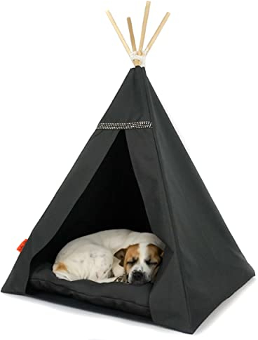 Halkalife Tipi für Katzen und Hunde mit Bommeln, Wasserdichtes Haustierzelt mit Rutschfester Basis, Hunde- und Katzenhaus (Schwarzes, schwarzes Kissen, 65x65cm)