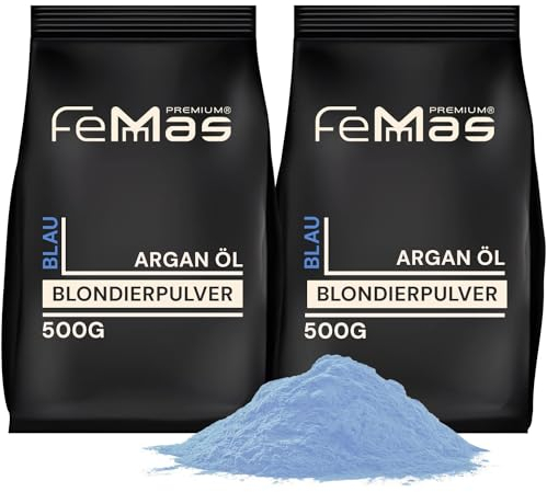 FemMas Blondierpulver blau 1000g I ultra stark & staubfrei I Blondierungspulver mit Plex-Technologie & Arganöl I gleichmäßige Blondierung I Hair Bleach für Aufhellungen bis zu 9 Nuancen