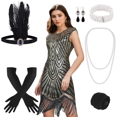 PLULON Abito flapper con frange e paillettes in rilievo anni '20 con set di accessori anni '20