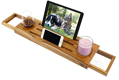 EcoFives Teak Bathtub Tray Caddy - Expandable Bath Tray - Adjustable Organizer Tray for Bathroom - Luxury Bath Caddy Tub Table, Bathtub Accessories & Bathroom Gadgets