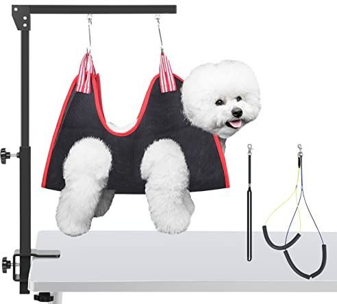 HIDOG Braccio per la toelettatura del cane con morsetto, braccio regolabile per toelettatura del cane, con due supporti senza sedersi e imbracatura per amaca, forniture pieghevoli per la toelettatura