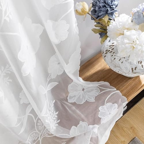 Treatmentex Visillos Cortina de Encaje Cortinas Blanco Translúcidas Florales de Habitacion Dormitorio Gasa con 8 Anillas Poliéster Elegante para Ventana Balcon Salón 140x245cm 2 Pieza