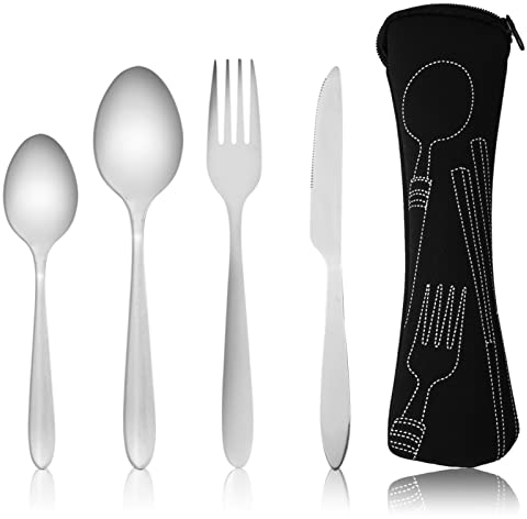 Set di posate da 4 pezzi con custodia portatile, posate in acciaio inox, set di utensili da campeggio con borsa in neoprene, per esterni, viaggi, picnic, ufficio, scuola, portapranzo