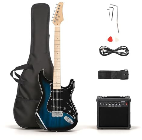 LALAHO Full Size Electric Guitar with 20Watt Amp for Beginners, Blue | 39 Inch SSS Pickups Right Hand Electric Guitars Kit, Strap, Gig Bag, Tremolo Bar, All Accessories, for Musicians, Adults