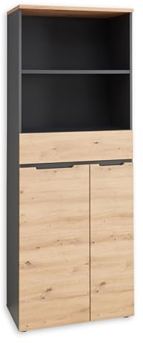 Stella Trading Memphis Aktenschrank in Artisan Eiche Optik, Graphit - Moderner Büroschrank mit 2 Türen - 75 x 197 x 38 cm (B/H/T)